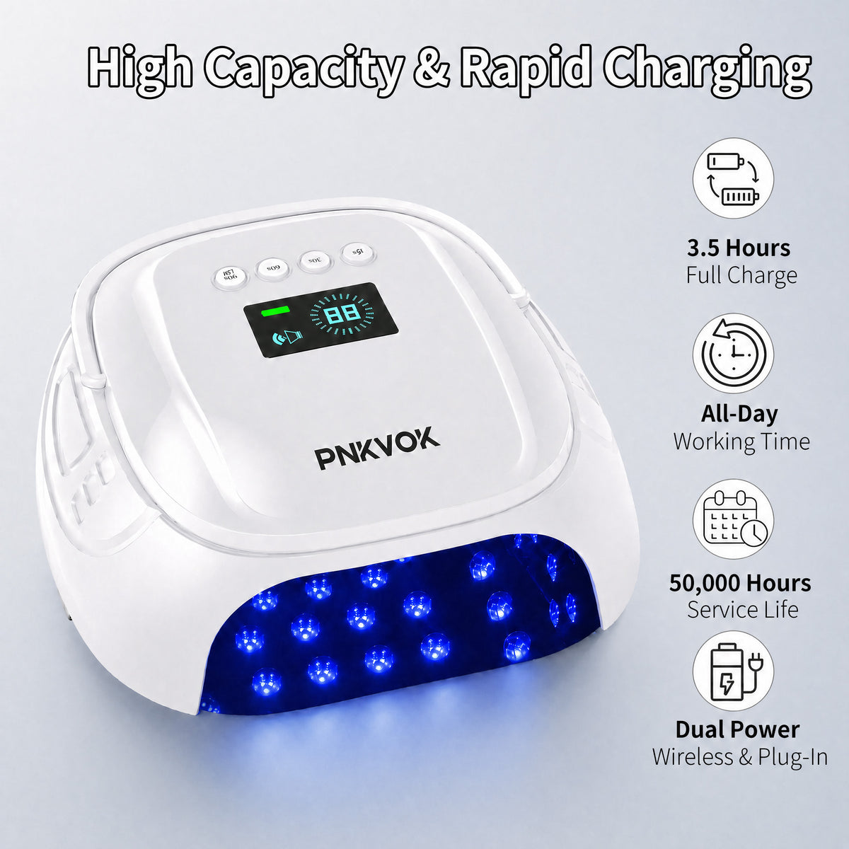 PNKVOK 126W Professional Cordless UV LED Nail Lamp, Cures Black & Dark Gel Polish Completely, Rechargeable Nail Light Dryer with 45 Dual-Wavelength Beads (365 - 405nm), 4 Timer Setting for Salon Home